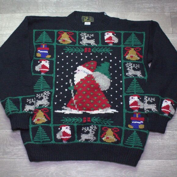 South Wool vtg. Ugly Christmas Sweater Santa Pure Virgin Wool M Hand Knitted - Picture 1 of 4